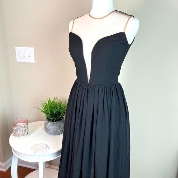 DRESS THE POPULATION 'PATRICIA' ILLUSIONS CHIFFON ROMANTIC BLACK MAXI DRESS sz S - Picture 7 of 16